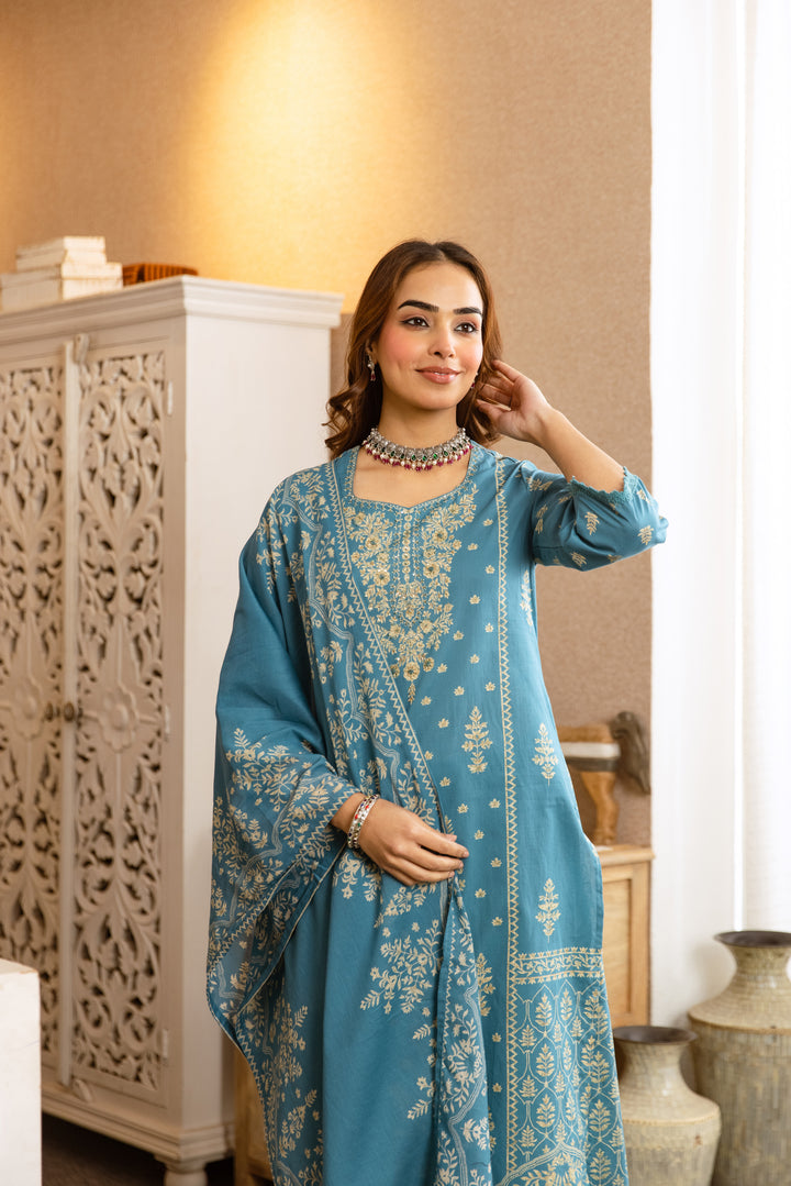 Nehamta Women's Teal Blue Cotton Kurta with Pant & Dupatta