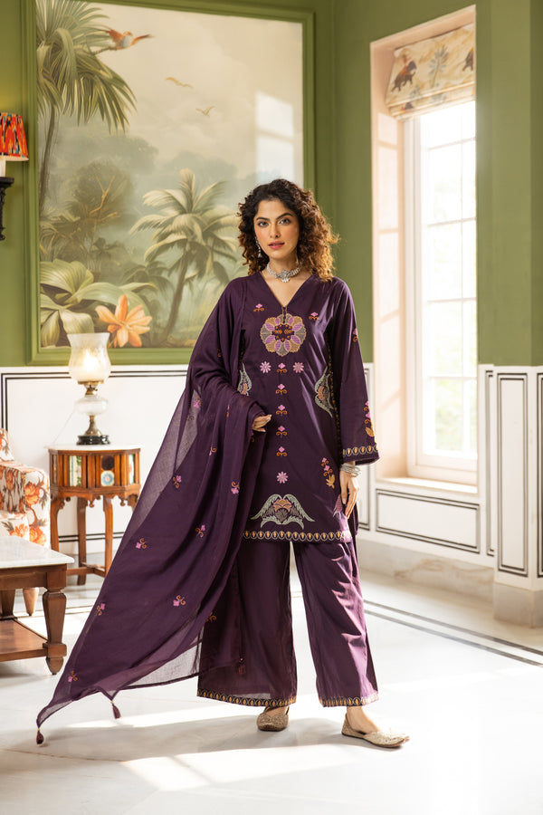 Nehamta Women's Purple Cotton Kurta with Palazzo & Dupatta