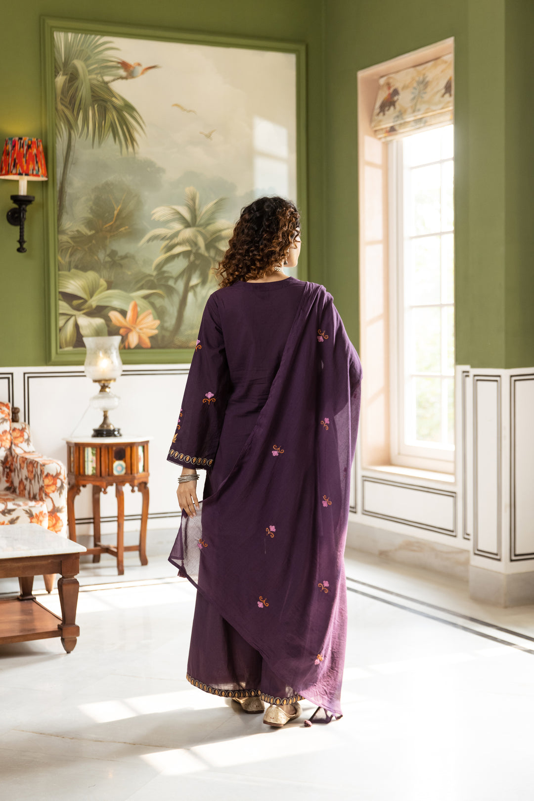 Nehamta Women's Purple Cotton Kurta with Palazzo & Dupatta