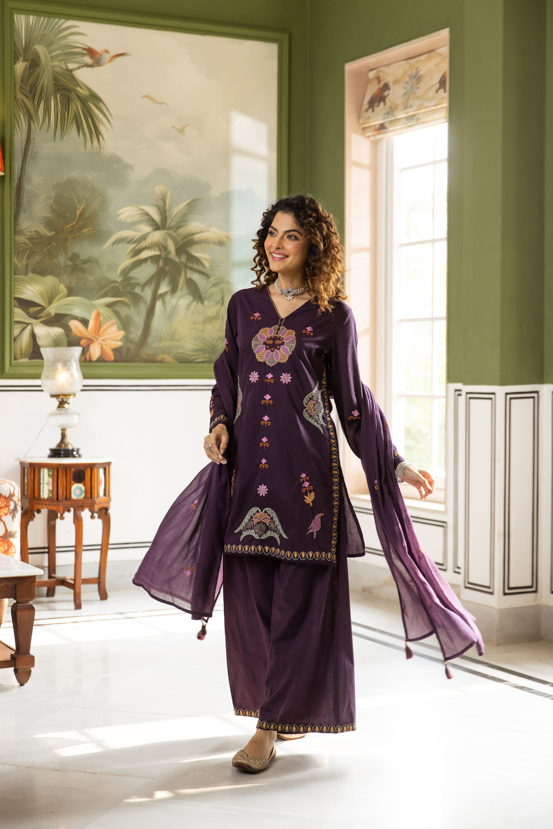 Nehamta Women's Purple Cotton Kurta with Palazzo & Dupatta