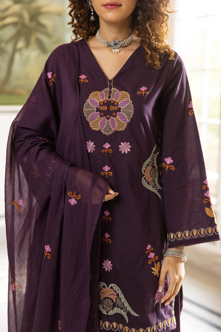 Nehamta Women's Purple Cotton Kurta with Palazzo & Dupatta