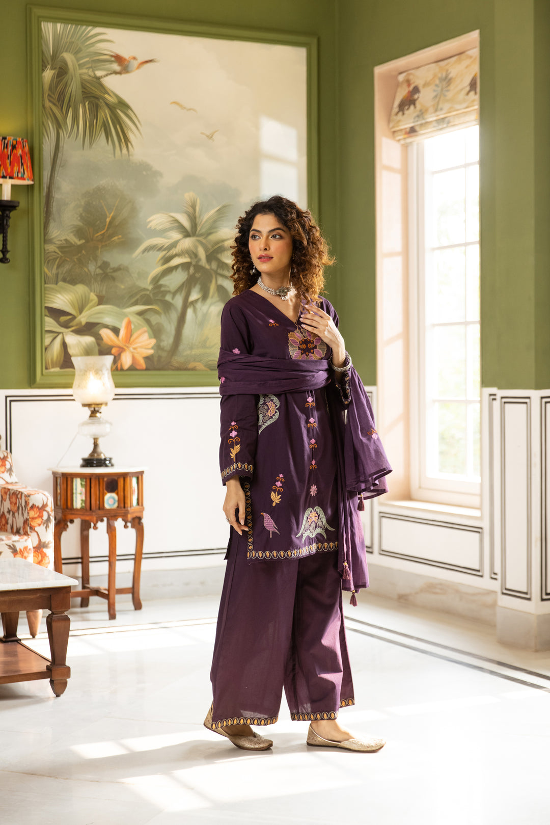 Nehamta Women's Purple Cotton Kurta with Palazzo & Dupatta