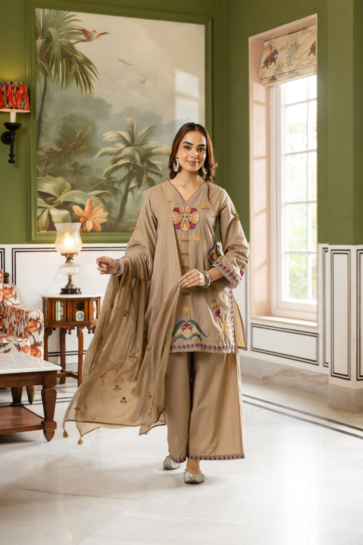 Nehamta Women's Beige Cotton Kurta with Pant & Dupatta