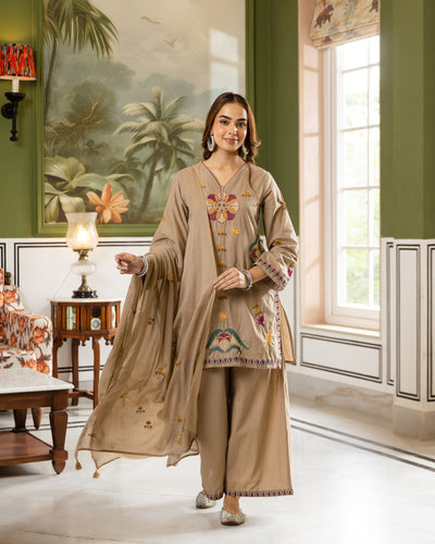Nehamta Women's Beige Cotton Kurta with Pant & Dupatta