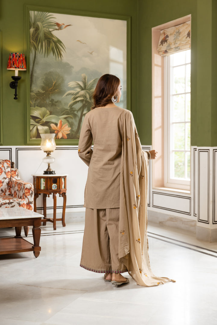 Nehamta Women's Beige Cotton Kurta with Pant & Dupatta