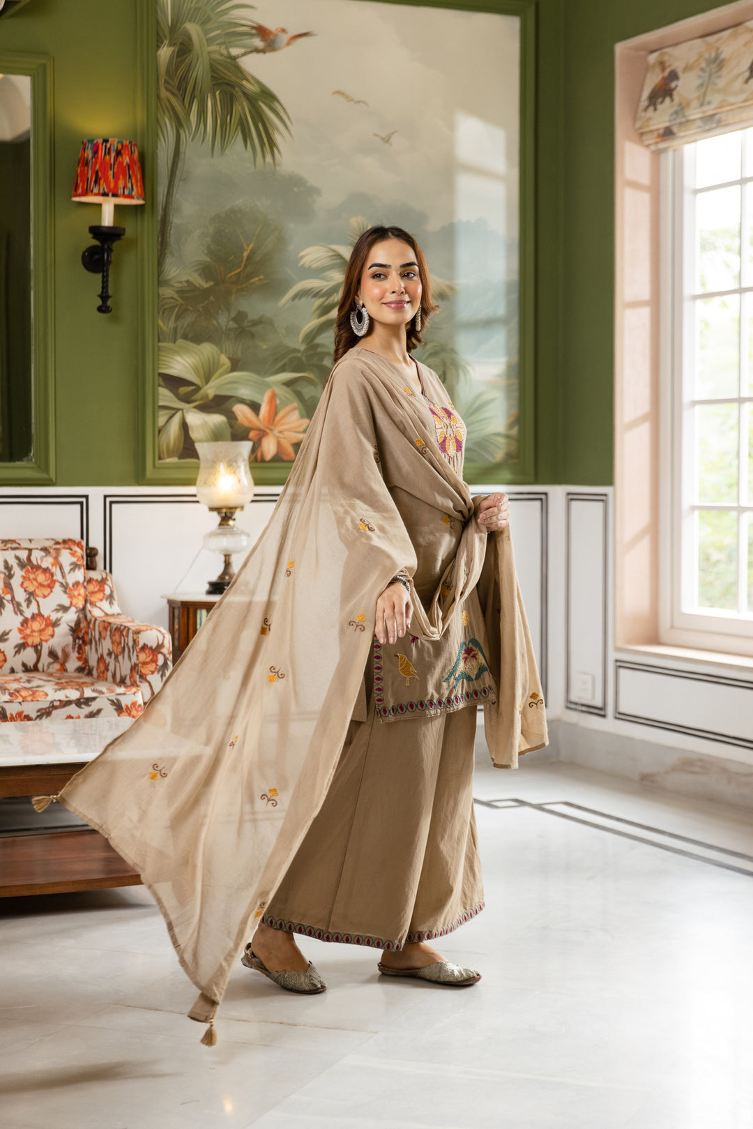 Nehamta Women's Beige Cotton Kurta with Pant & Dupatta