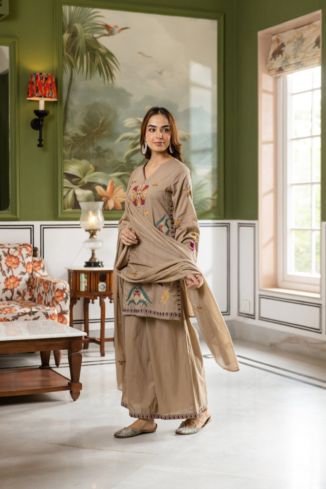 Nehamta Women's Beige Cotton Kurta with Pant & Dupatta