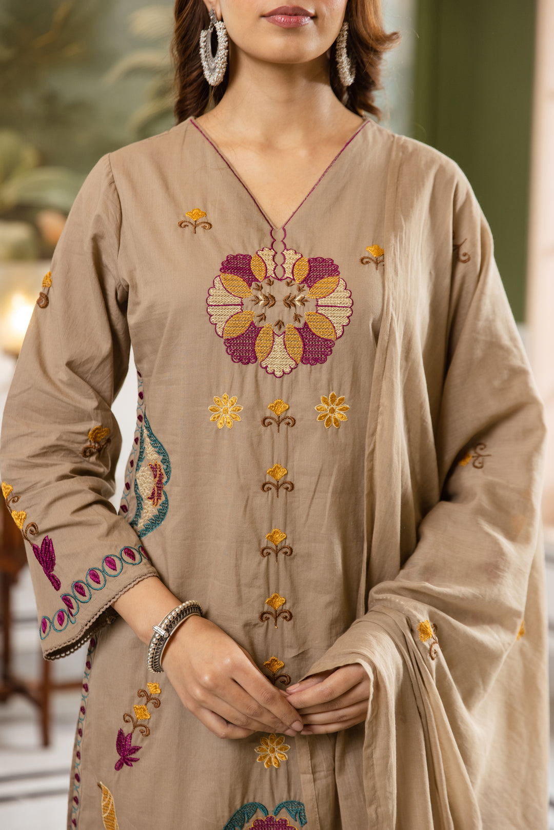 Nehamta Women's Beige Cotton Kurta with Pant & Dupatta