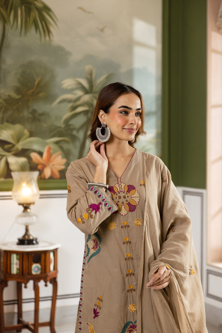 Nehamta Women's Beige Cotton Kurta with Pant & Dupatta