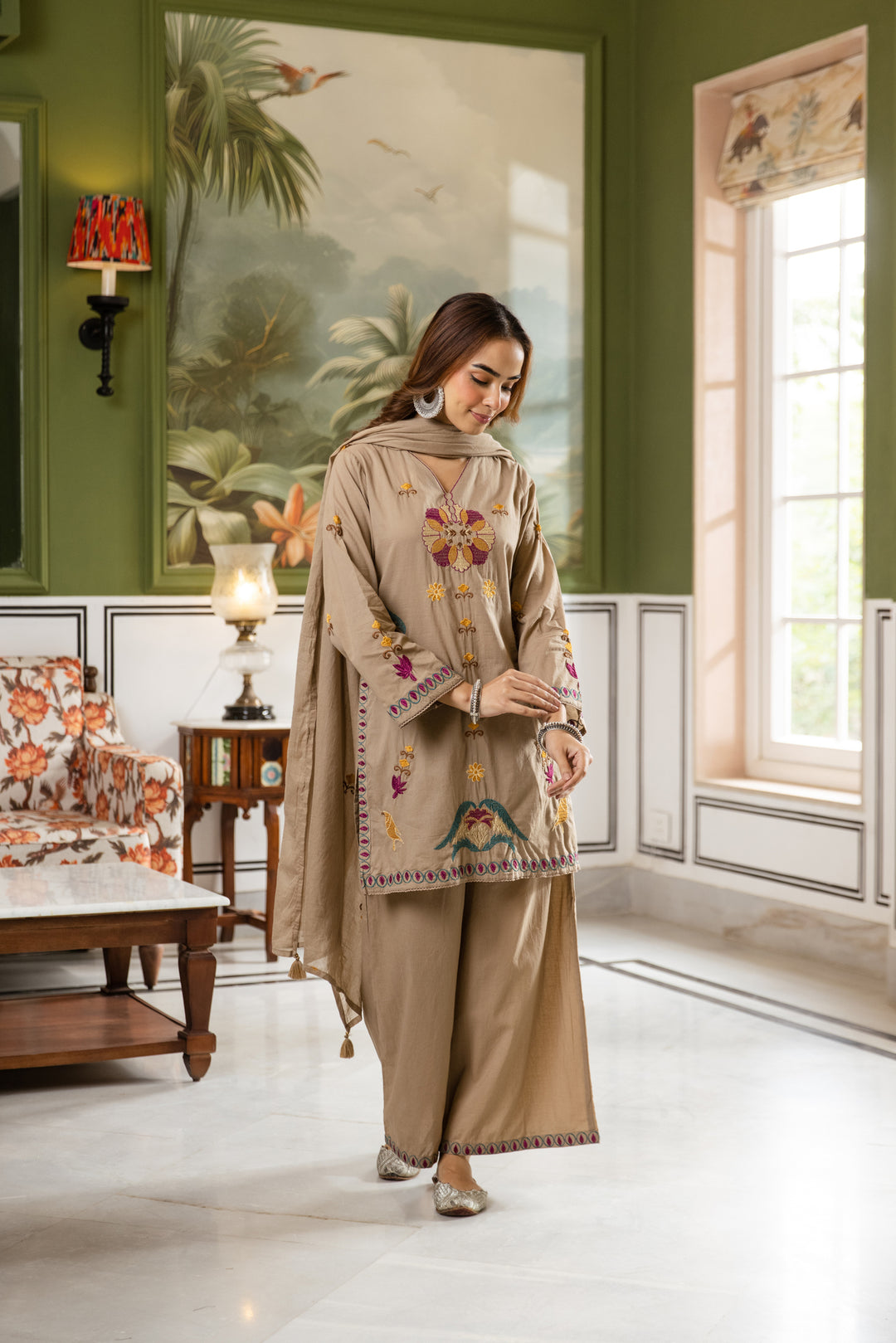 Nehamta Women's Beige Cotton Kurta with Pant & Dupatta