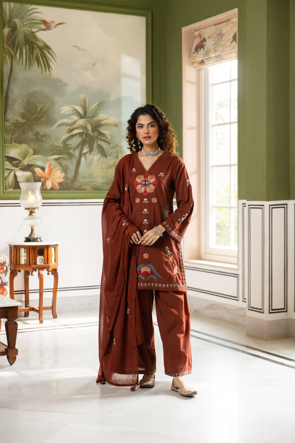 Nehamta Women's Rust Cotton Kurta with Pant & Dupatta
