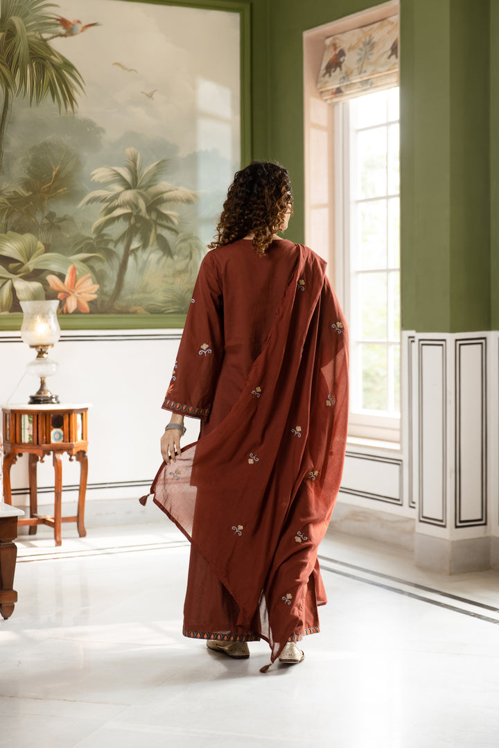 Nehamta Women's Rust Cotton Kurta with Pant & Dupatta