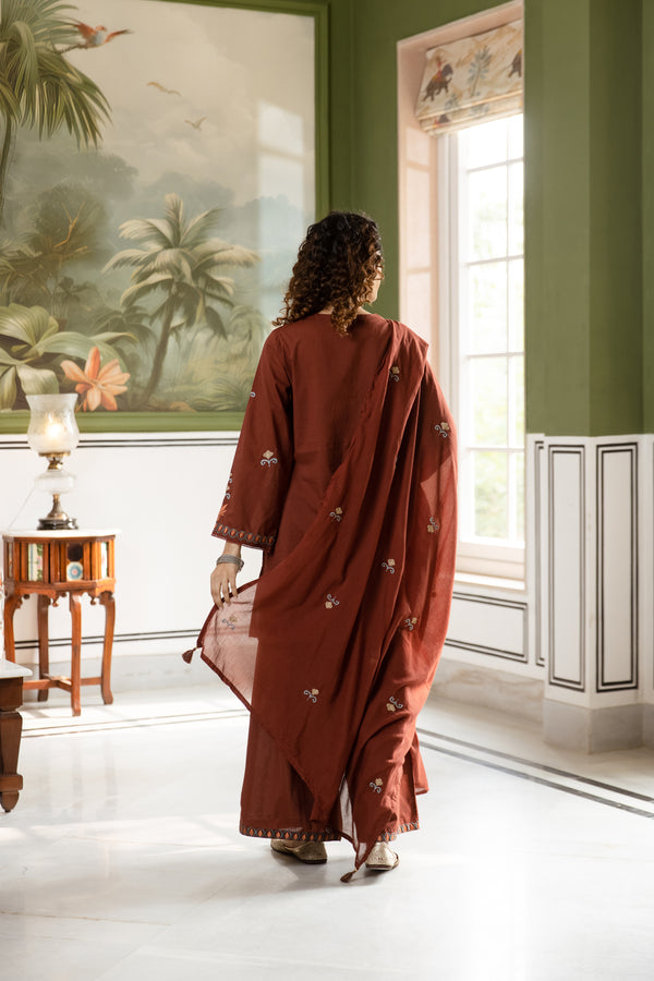 Nehamta Women's Rust Cotton Kurta with Pant & Dupatta