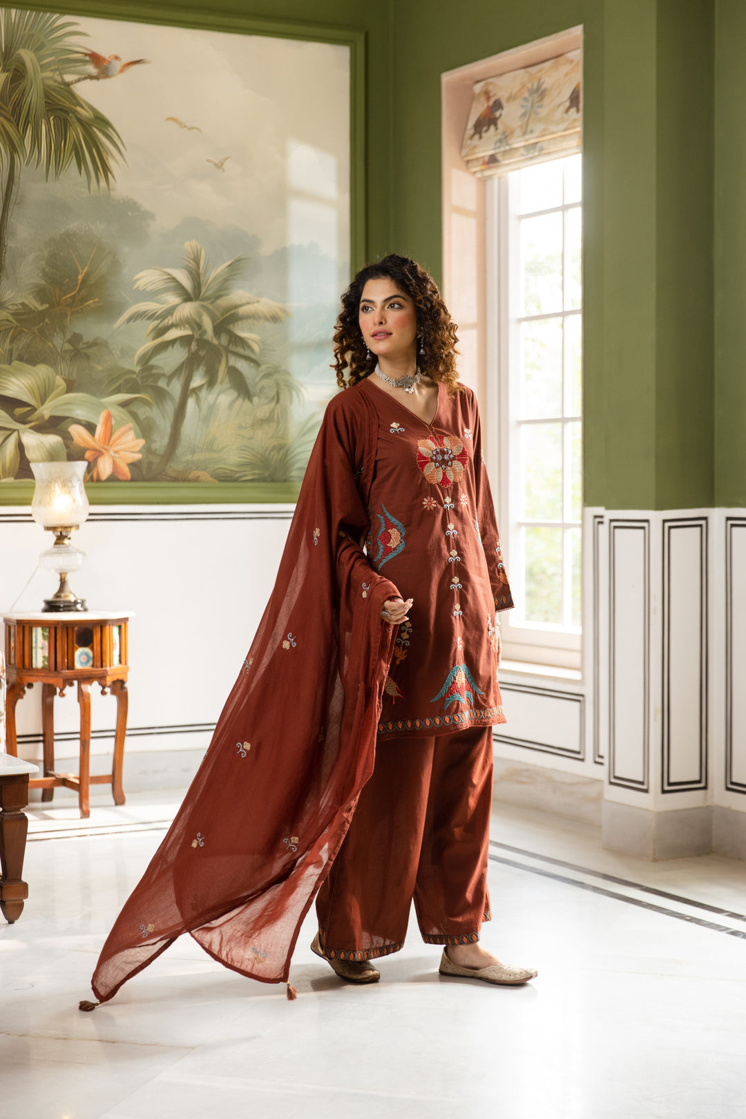 Nehamta Women's Rust Cotton Kurta with Pant & Dupatta