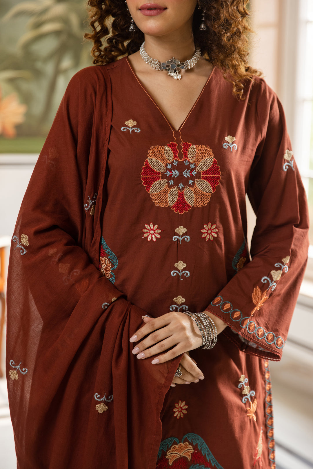 Nehamta Women's Rust Cotton Kurta with Pant & Dupatta