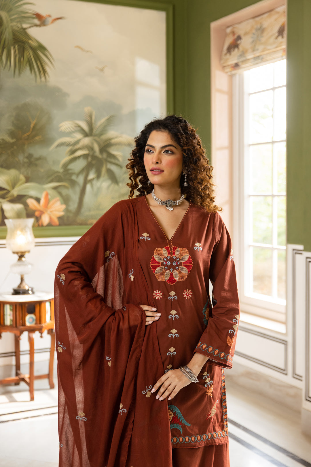 Nehamta Women's Rust Cotton Kurta with Pant & Dupatta