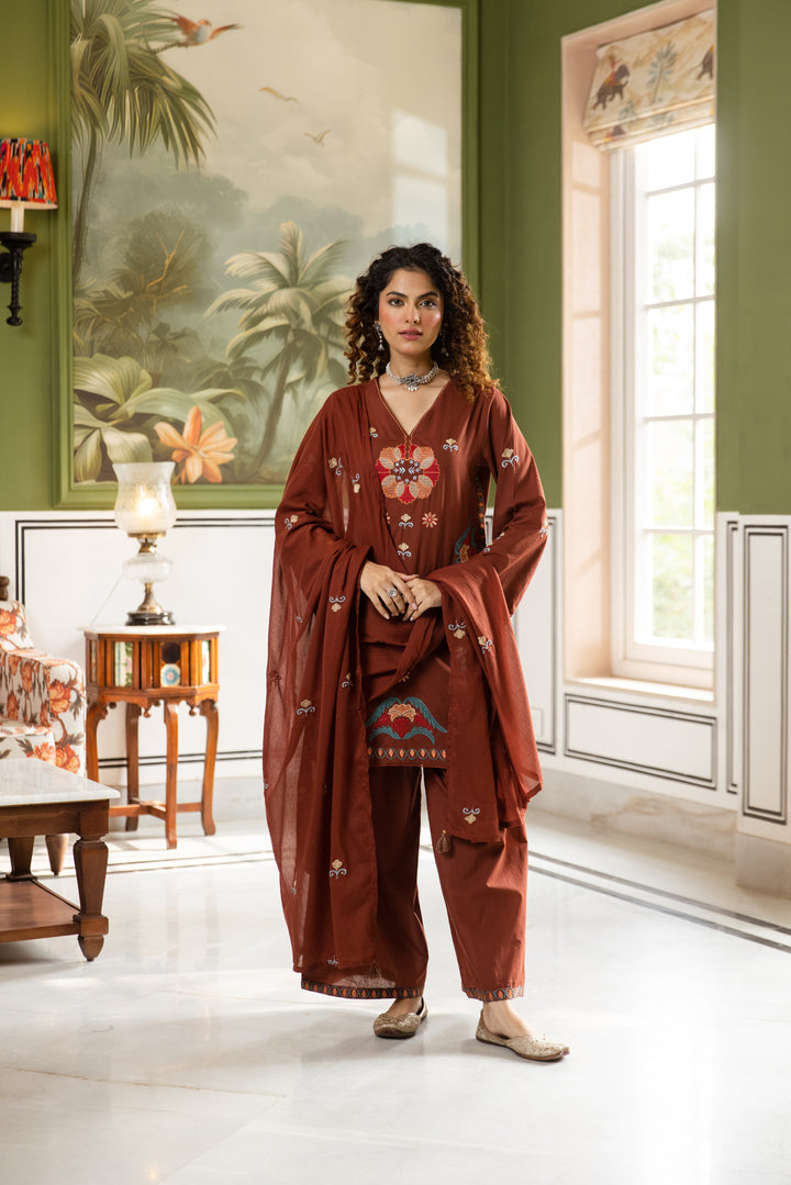 Nehamta Women's Rust Cotton Kurta with Pant & Dupatta