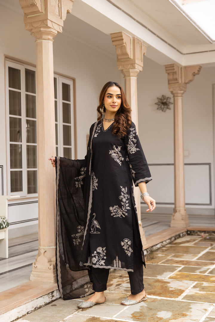 Nehamta Women's Black Cotton Kurta with Pant & Dupatta