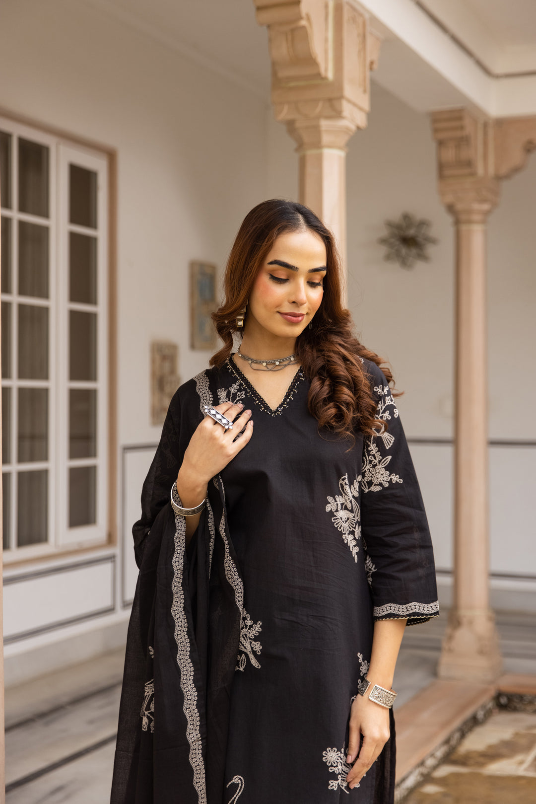Nehamta Women's Black Cotton Kurta with Pant & Dupatta