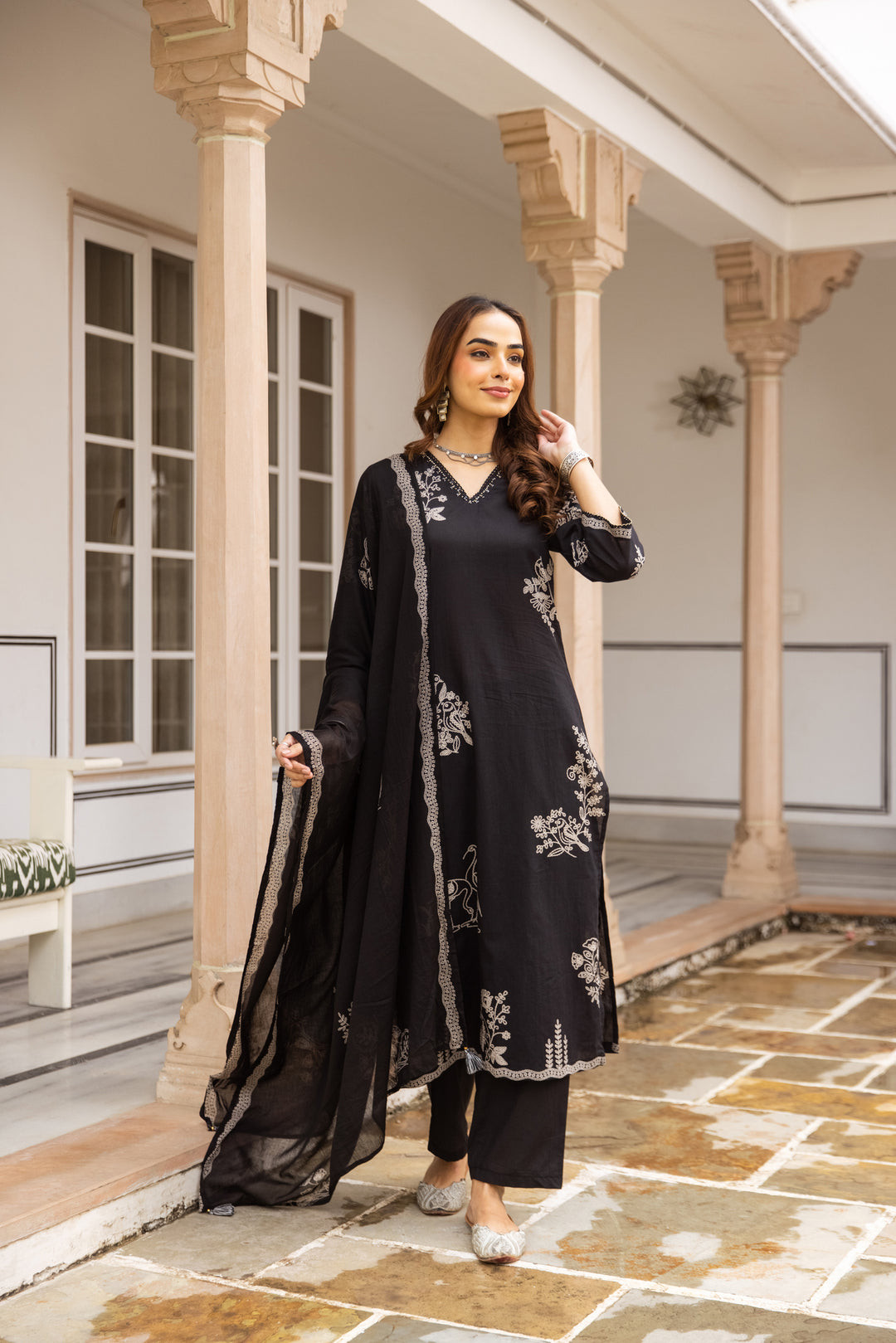 Nehamta Women's Black Cotton Kurta with Pant & Dupatta