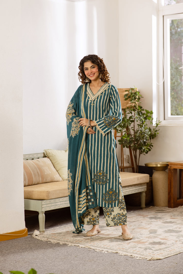 Nehamta Women's Green Cotton Kurta with Pant & Dupatta