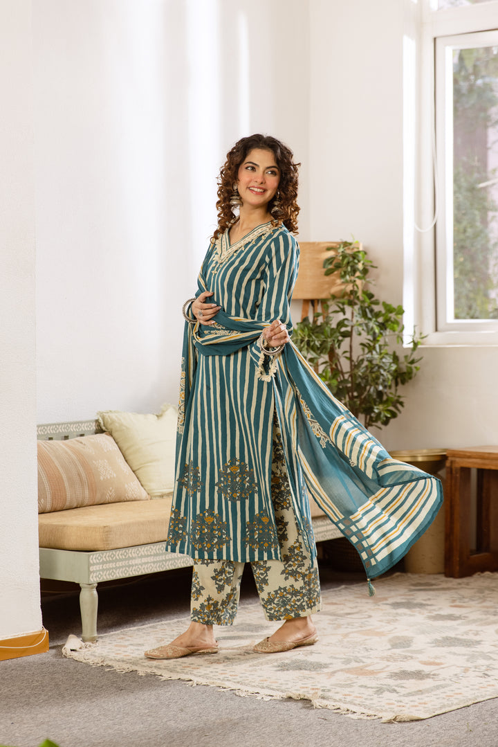 Nehamta Women's Green Cotton Kurta with Pant & Dupatta