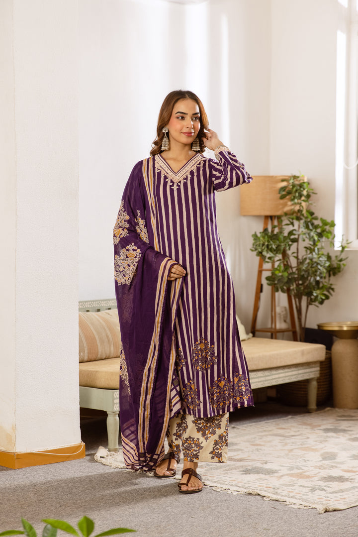 Nehamta Women's Purple Cotton Kurta with Pant & Dupatta