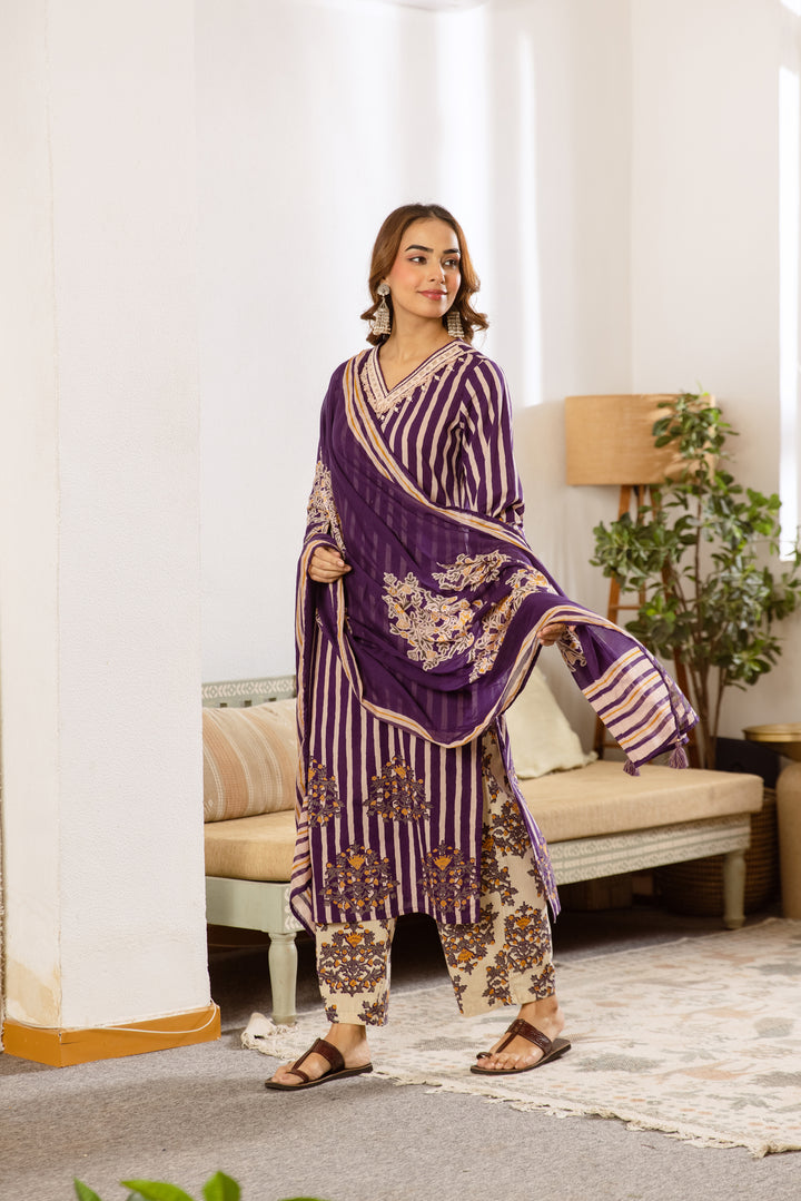 Nehamta Women's Purple Cotton Kurta with Pant & Dupatta