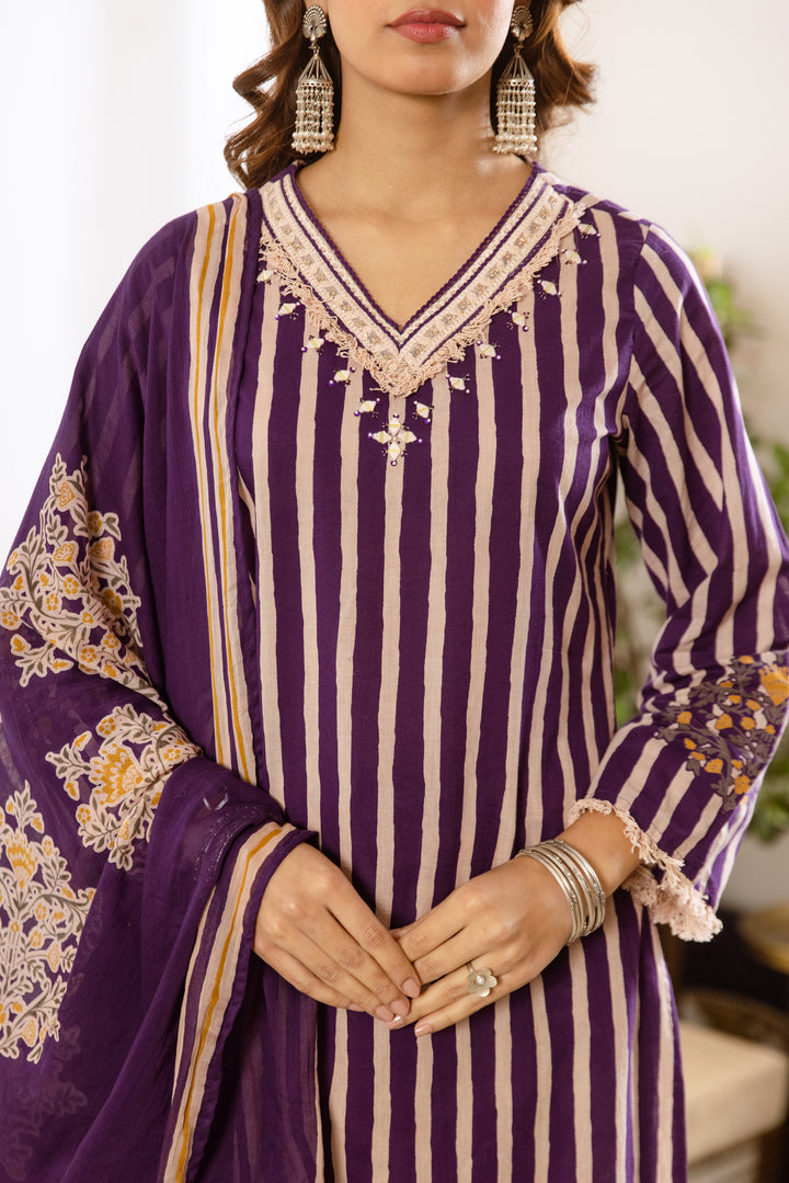 Nehamta Women's Purple Cotton Kurta with Pant & Dupatta
