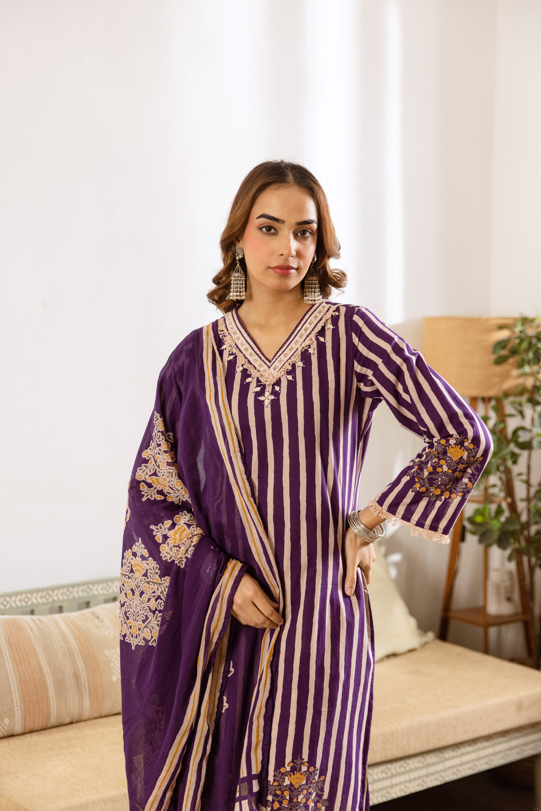 Nehamta Women's Purple Cotton Kurta with Pant & Dupatta