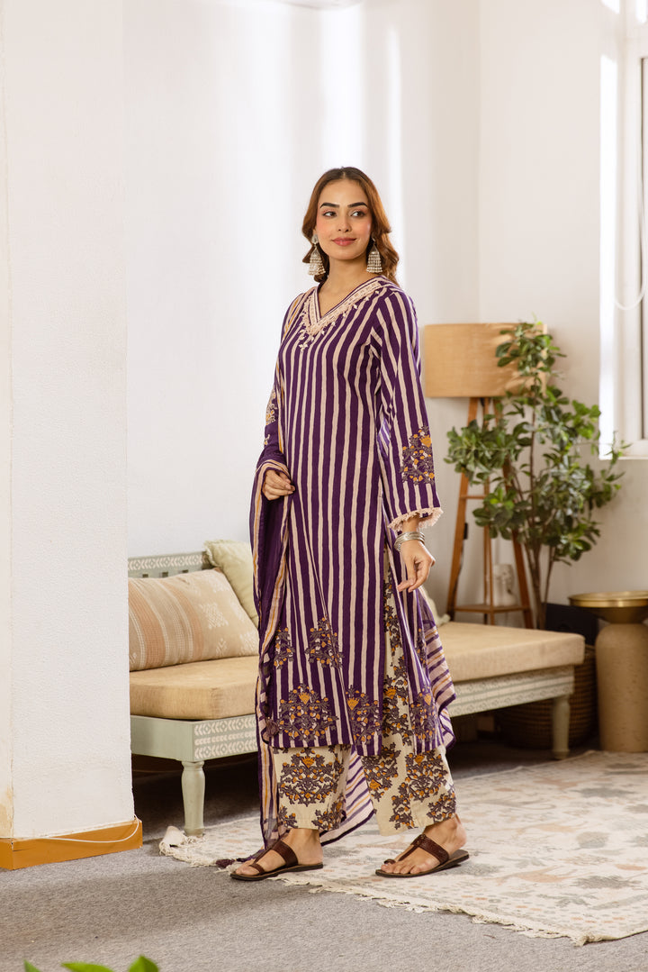 Nehamta Women's Purple Cotton Kurta with Pant & Dupatta