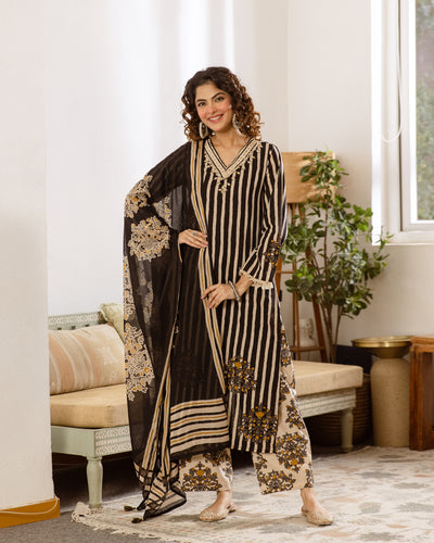 Nehamta Women's Black Cotton Kurta with Pant & Dupatta