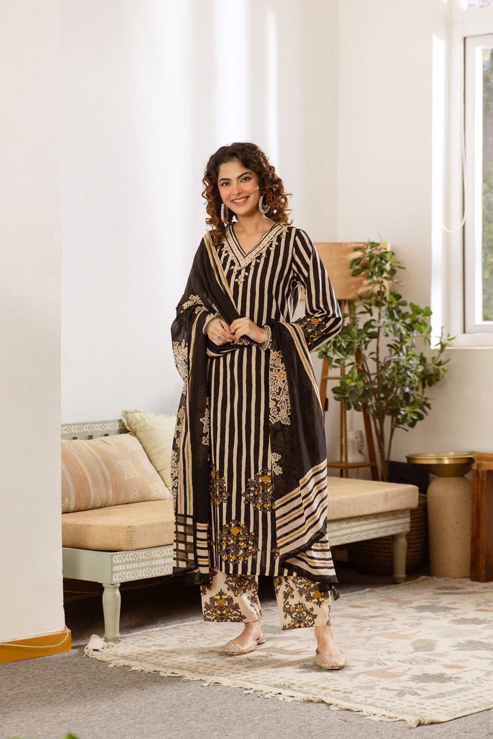 Nehamta Women's Black Cotton Kurta with Pant & Dupatta