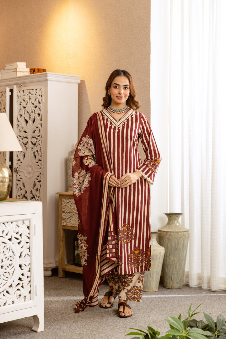 Nehamta Women's Maroon Cotton Kurta with Pant & Dupatta