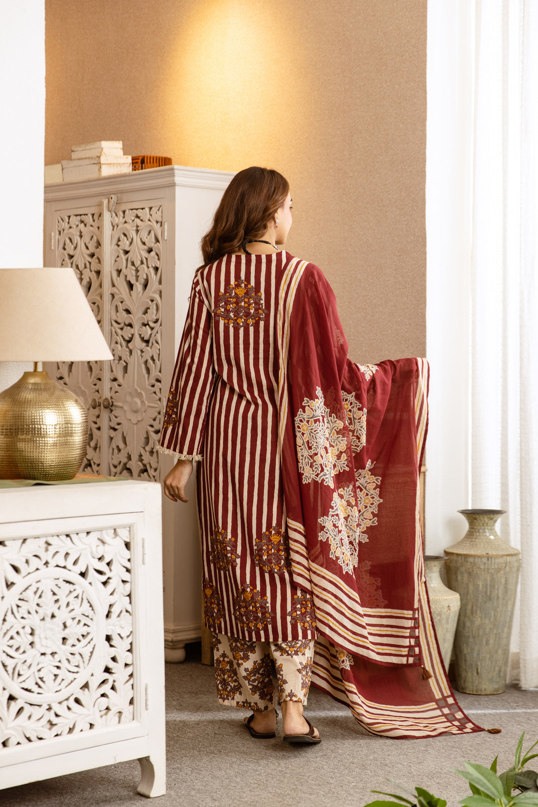 Nehamta Women's Maroon Cotton Kurta with Pant & Dupatta