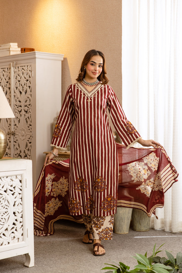 Nehamta Women's Maroon Cotton Kurta with Pant & Dupatta