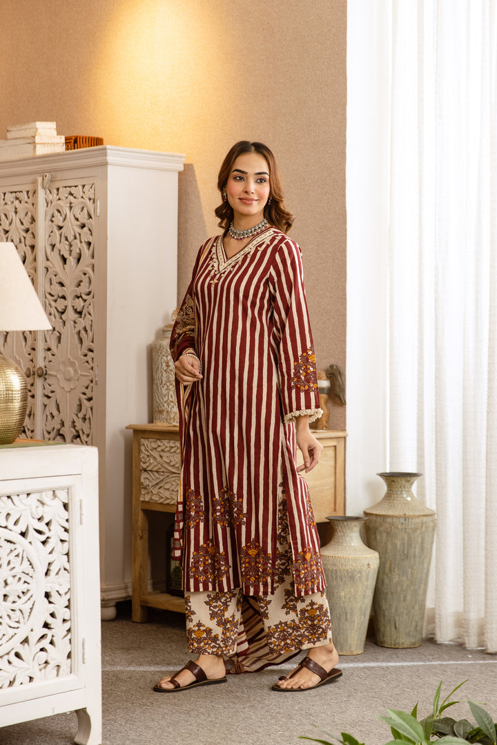 Nehamta Women's Maroon Cotton Kurta with Pant & Dupatta