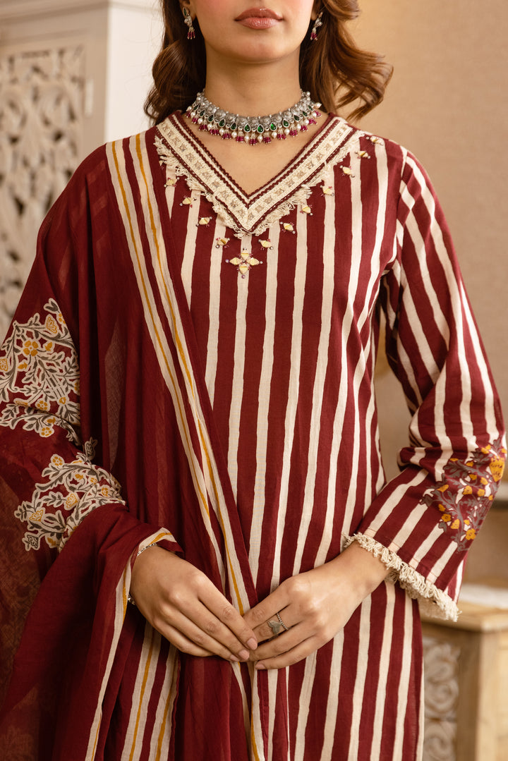 Nehamta Women's Maroon Cotton Kurta with Pant & Dupatta