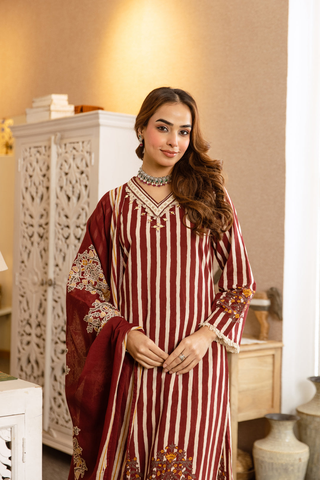 Nehamta Women's Maroon Cotton Kurta with Pant & Dupatta