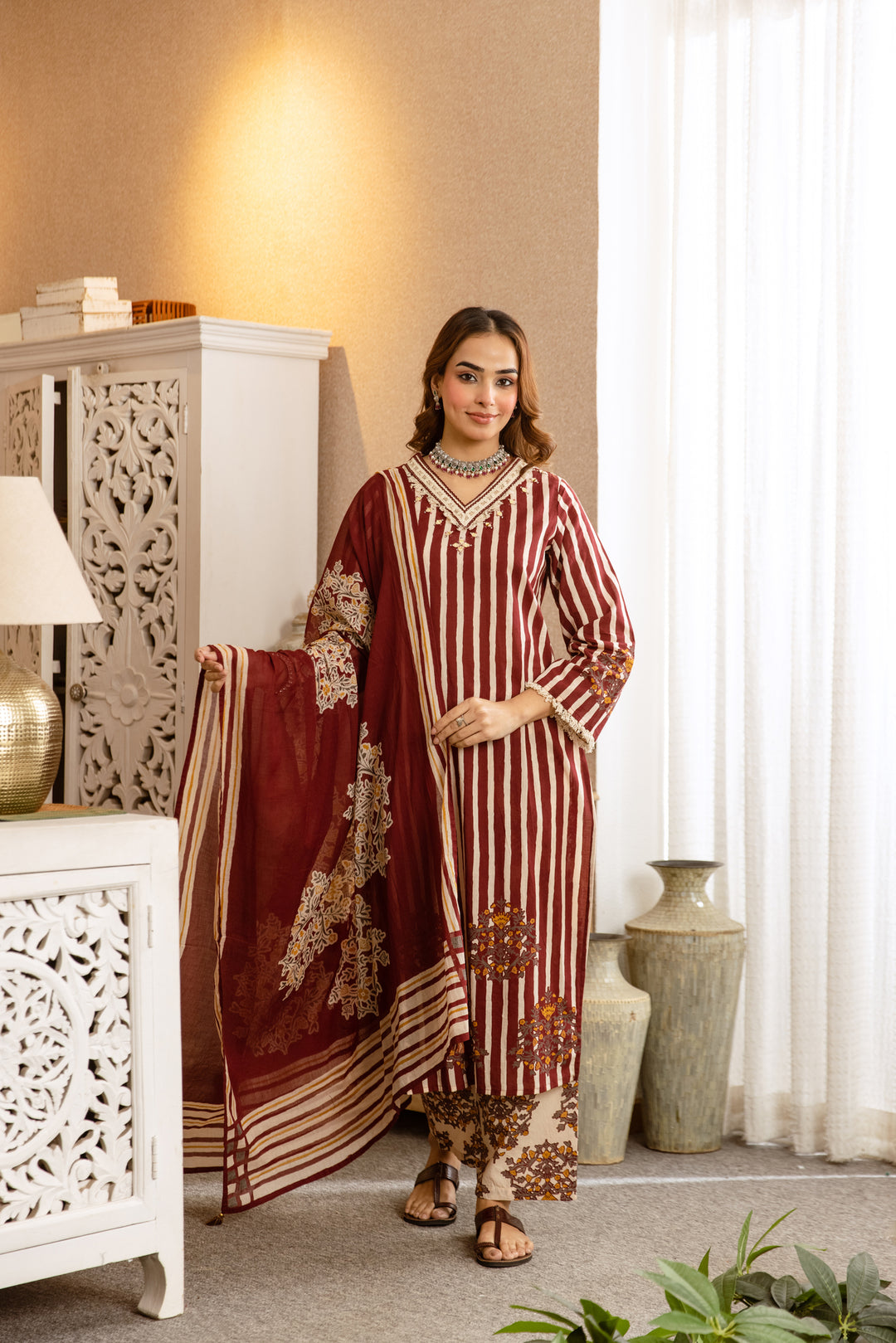 Nehamta Women's Maroon Cotton Kurta with Pant & Dupatta