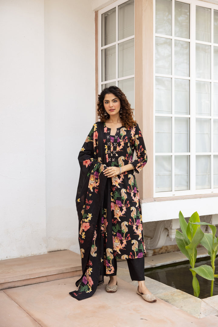 Nehamta Women's Black Cotton Kurta with Pant & Dupatta