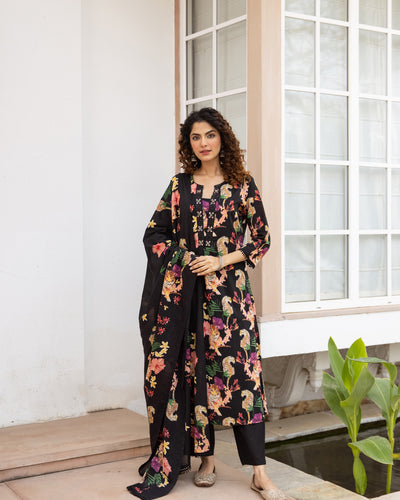 Nehamta Women's Black Cotton Kurta with Pant & Dupatta