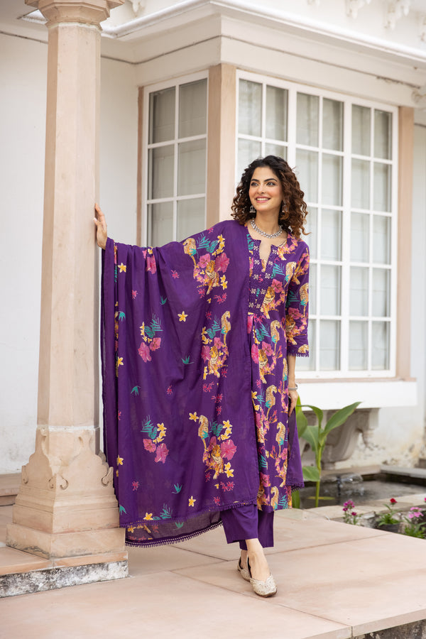 Nehamta Women's Purple Cotton Kurta with Pant & Dupatta