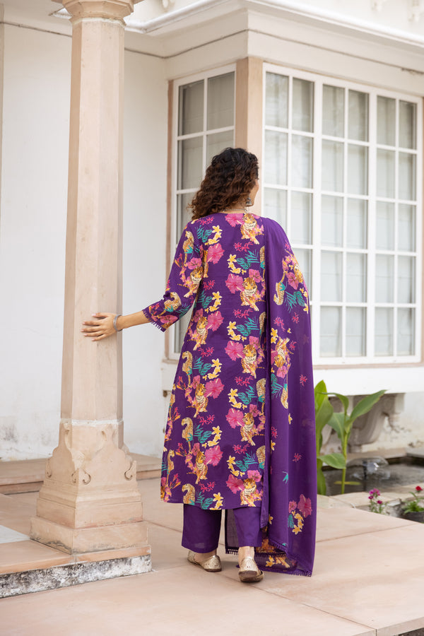 Nehamta Women's Purple Cotton Kurta with Pant & Dupatta