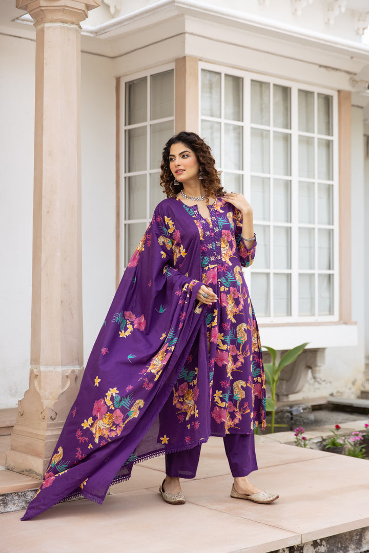 Nehamta Women's Purple Cotton Kurta with Pant & Dupatta