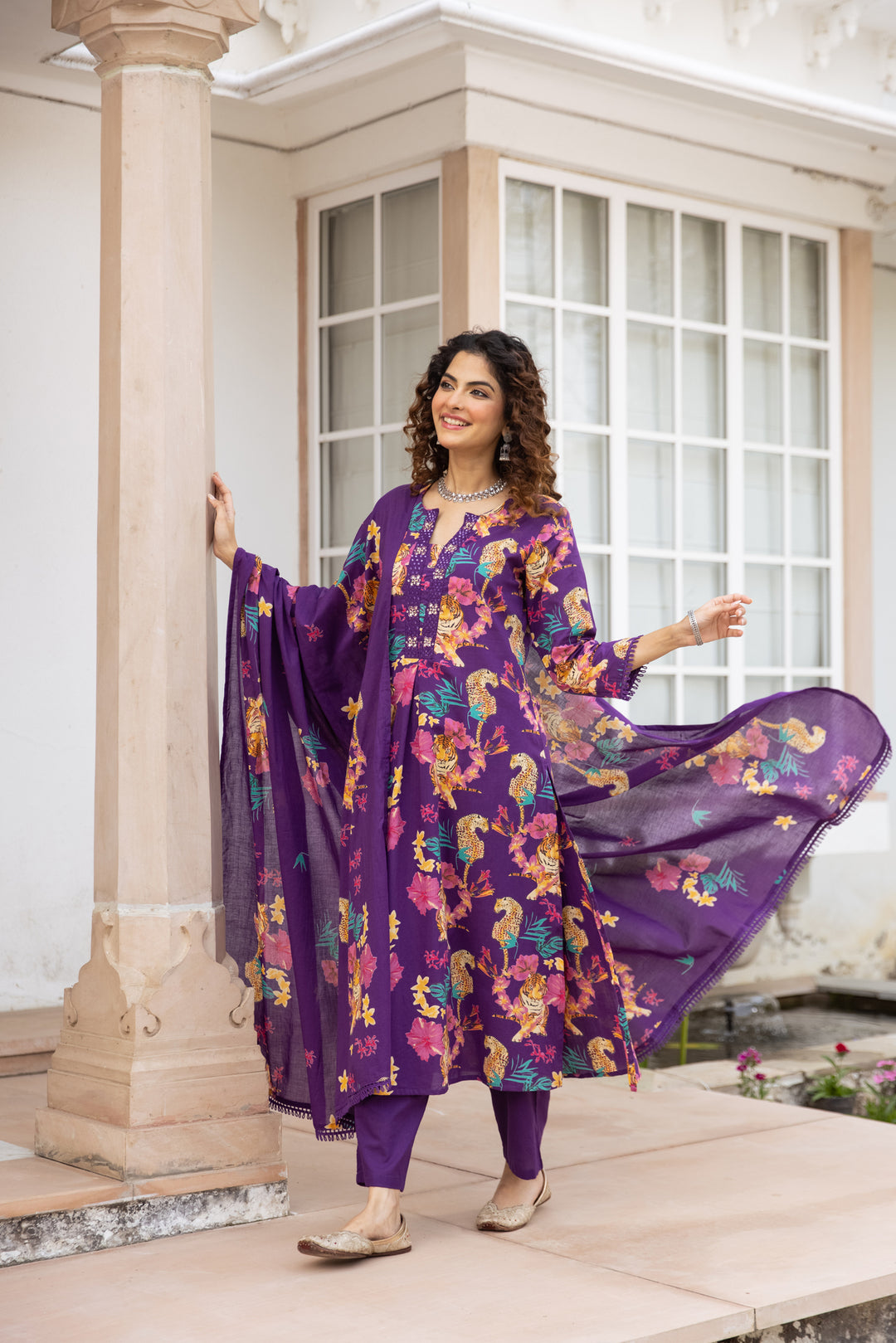 Nehamta Women's Purple Cotton Kurta with Pant & Dupatta