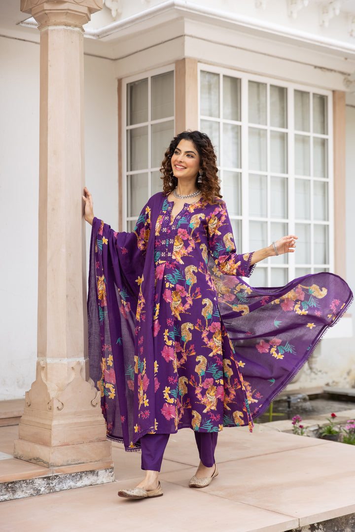 Nehamta Women's Purple Cotton Kurta with Pant & Dupatta