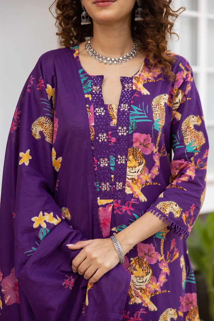 Nehamta Women's Purple Cotton Kurta with Pant & Dupatta