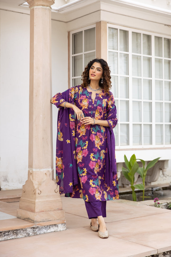 Nehamta Women's Purple Cotton Kurta with Pant & Dupatta