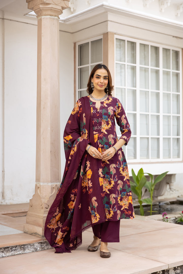 Nehamta Women's Maroon Cotton Kurta with Pant & Dupatta